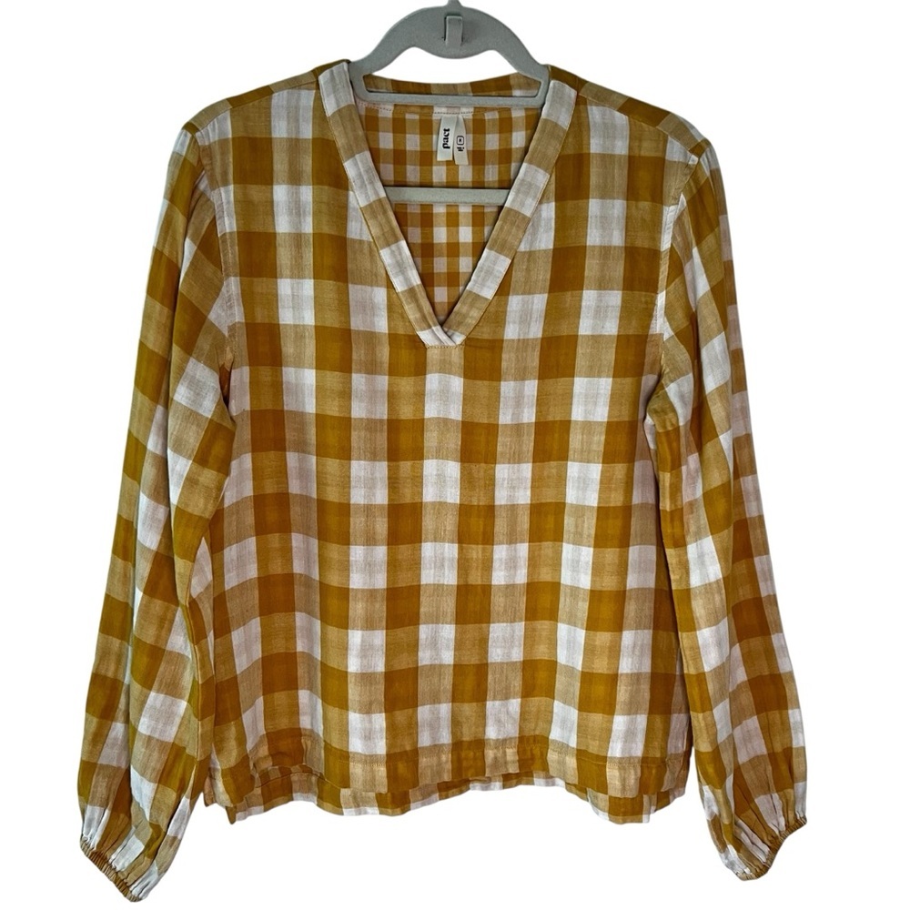 NWOT Pact Coastal Daily Organic Cotton Gingham Double Gauze V-Neck Top Yellow M - Picture 6 of 16